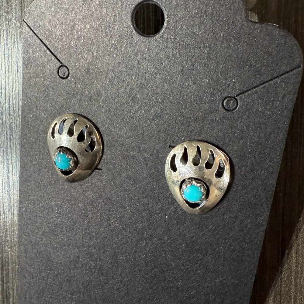BEAR PAW TURQUOISE STERLING SILVER EARRINGS NAVAJO